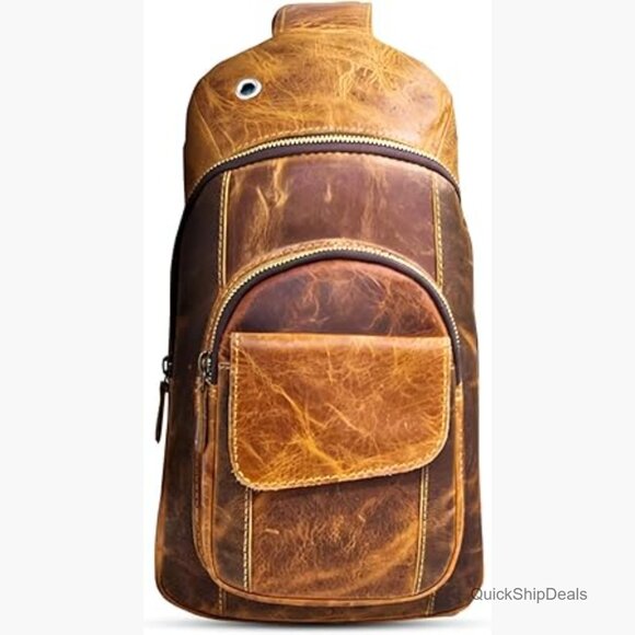 Buffalo Leather Travel Hiking Crossbody Chest Backpack Adjustable Strap